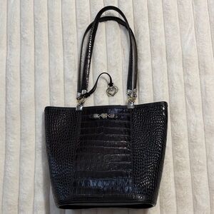 Brighton Black Croc-Embossed Tote genuine dark brown leather